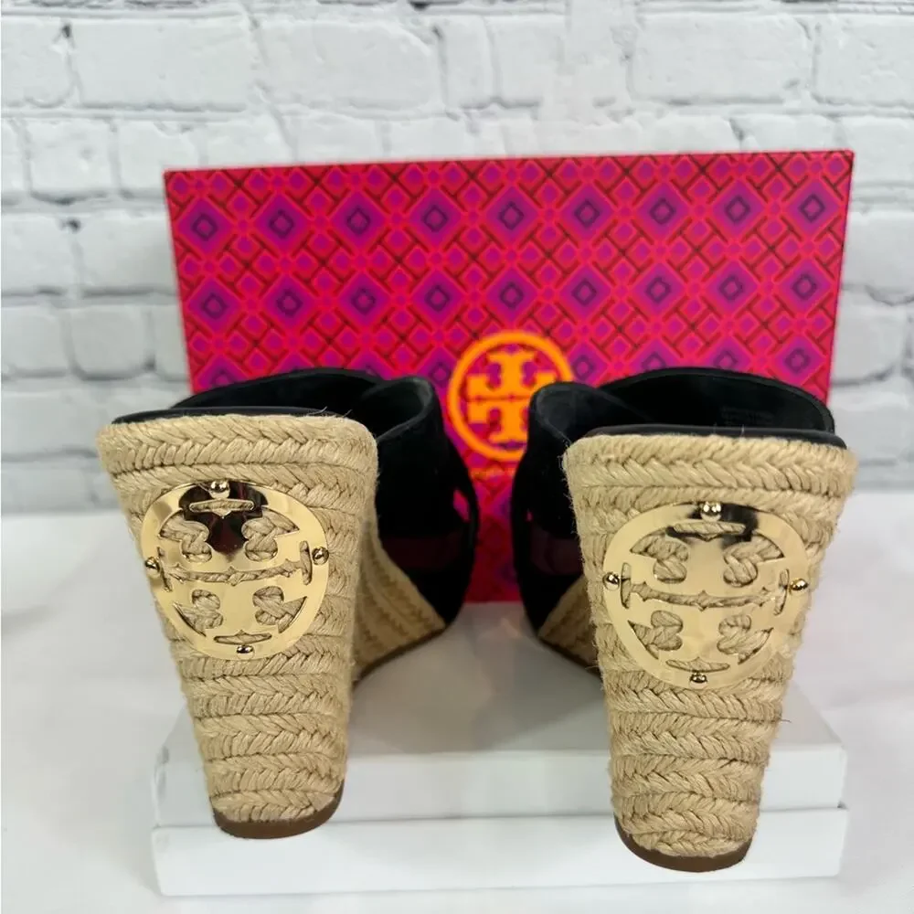 #TORY BURCH Bailey 110mm Wedge Mules Suede Black Size 7.5